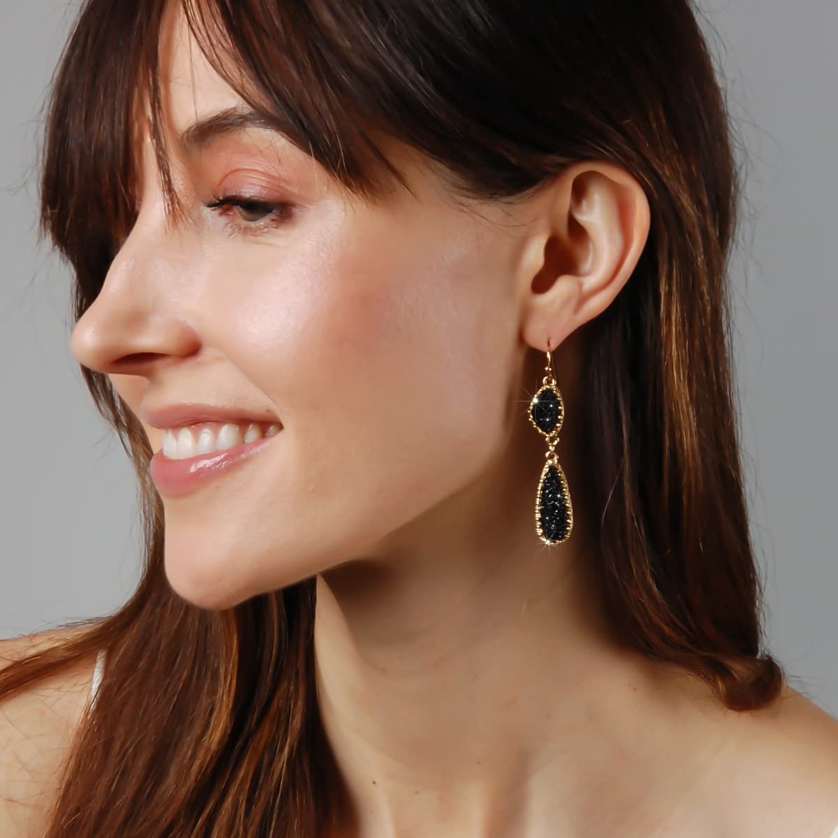 Humble Chic Simulated Druzy Drop Dangles - Long Double Teardrop Dangly Earrings for Women, Gold - Black Stone