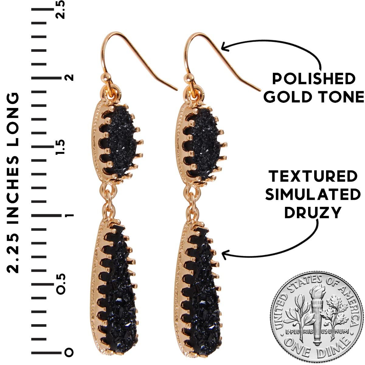 Humble Chic Simulated Druzy Drop Dangles - Long Double Teardrop Dangly Earrings for Women, Gold - Black Stone