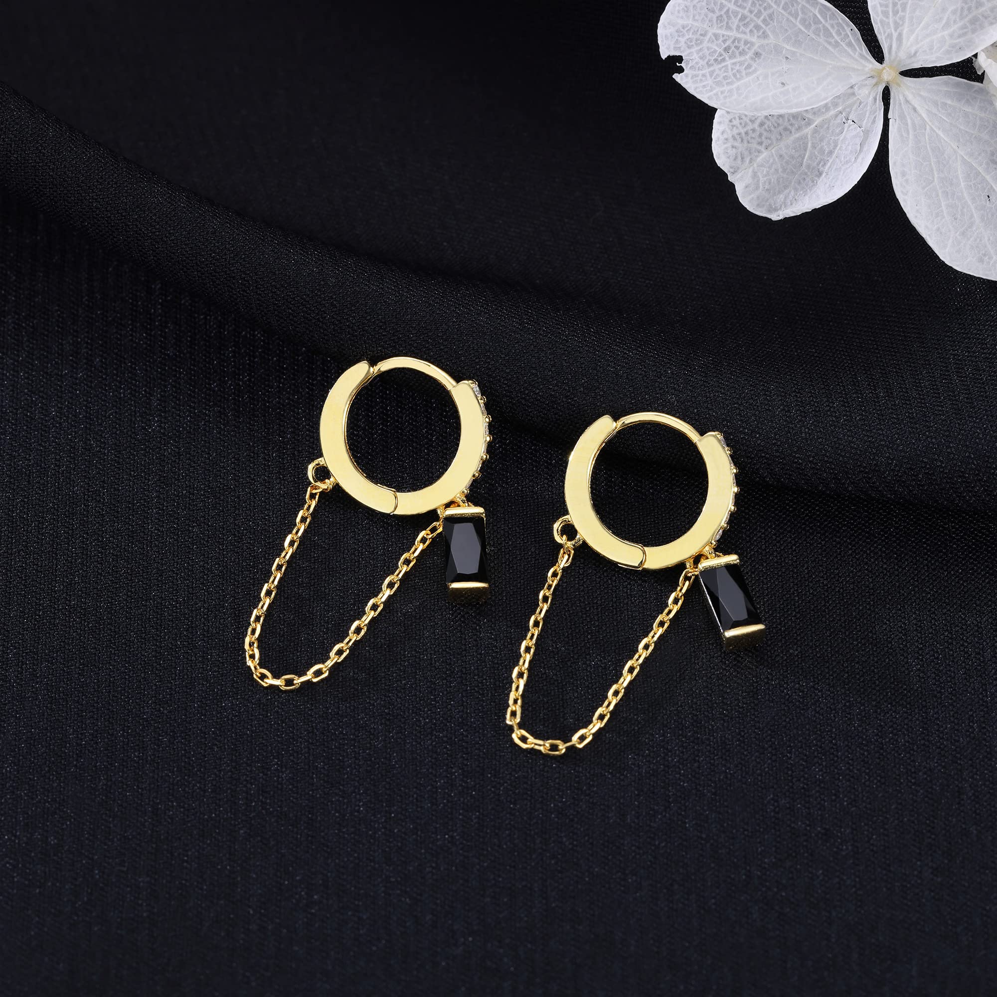 SLUYNZ 925 Sterling Silver Dangle Hoop Earrings for Women Minimalist Black CZ Hoop Earrings Tassel Chain (B-Gold Plated)