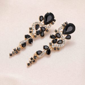 VANGETIMI Black Gold Fashion Rhinestone Statement Drop Dangle Earrings Long Multi Crystal Bridal Wedding Teardrop Chandelier Earrings for Women Pageant