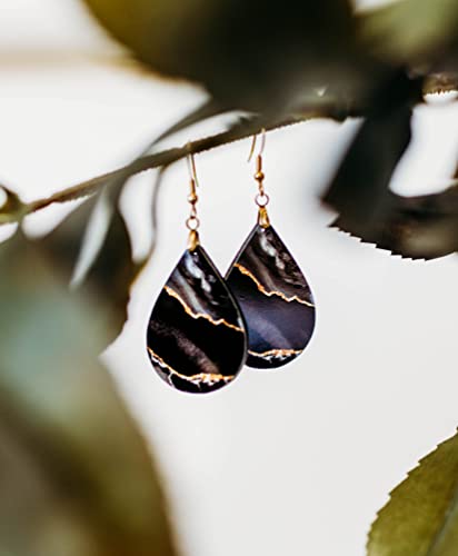 Black Earrings for Women Dangle Teardrop Trendy Boho Jewelry Gift for Her Handmade from The Painted Pug (Black and Gold)