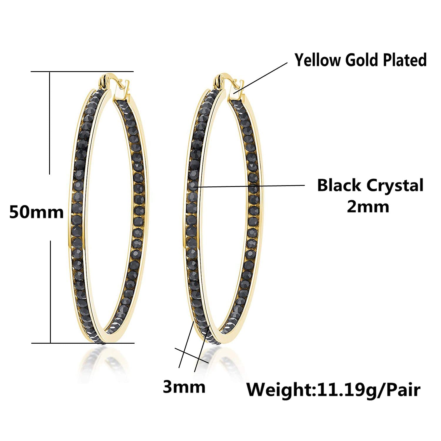 CiNily Gold Hoop Earrings for Women-14K Yellow Gold Plated Stainless Steel Earrings Black Cubic Zirconia Large Big Hoop Earrings 2"