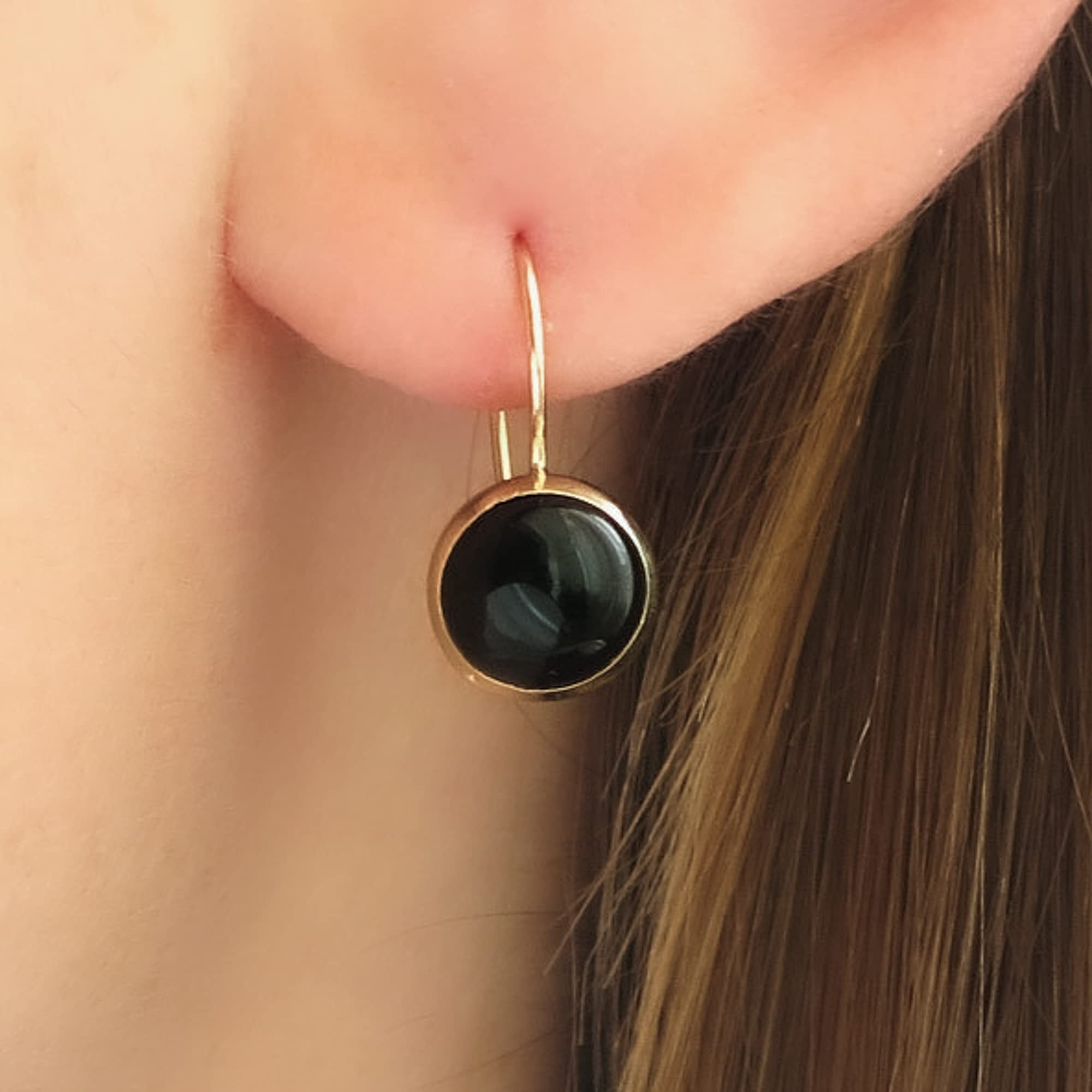 14K Gold Onyx Earrings - 14K Solid Yellow Gold Black Gemstone Drop Earrings, Dainty 8mm Round Stone, December Birthstone Leo Star Sign Birthday, Handmade Classic Elegant Jewelry Gift for Women