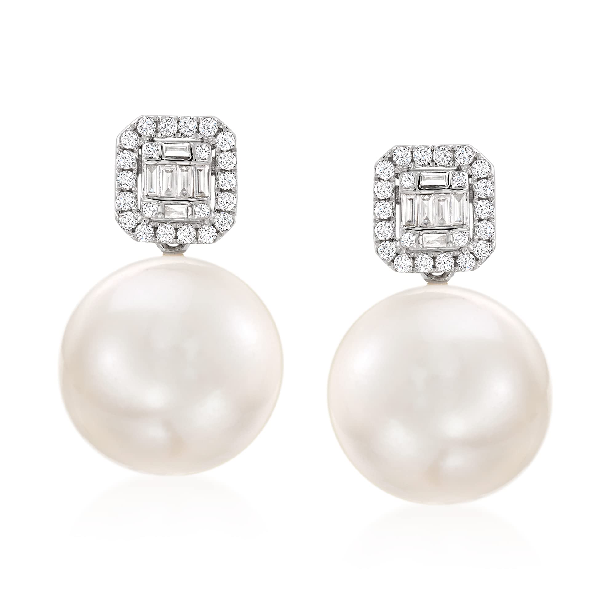 Ross-Simons 12-14mm Cultured Pearl and .42 ct. t.w. Diamond Earrings in 18kt White Gold