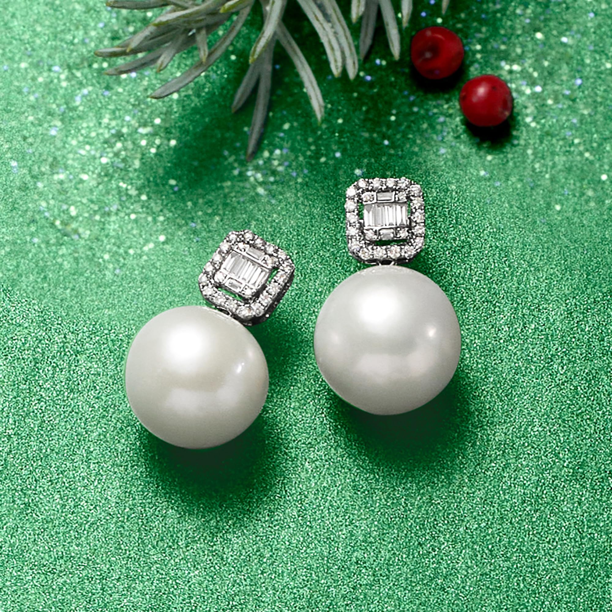 Ross-Simons 12-14mm Cultured Pearl and .42 ct. t.w. Diamond Earrings in 18kt White Gold