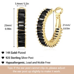 GLOQUAT CZ Gold Black Hoop Earrings 14K Gold Plated Hoop Earrings for Women Vintage Black Cubic Zirconia Hoop Earrings Fashion Round Circle Hoops Earrings for Women 25mm