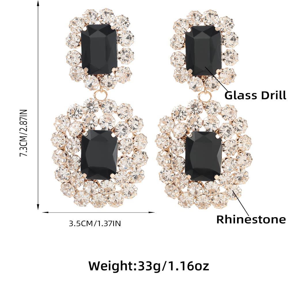 Asphire Vintage Geometric Rhinestone Drop Dangle Earrings Black Gemstone Earrings Elegant Long Statement Earrings for Women Wedding Prom Ball Jewelry (Gold)