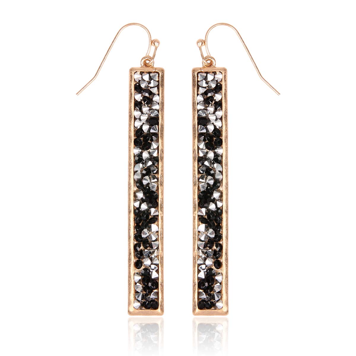 Glitter Rhinestone Statement Drop Earrings - Sparkly Crystal Geometric Metal Hook Dangles Vertical Bar, Elongated Teardrop, Shield Disc (Encrusted Jewel - Long Bar Black/Gold)