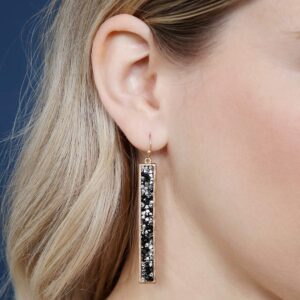 Glitter Rhinestone Statement Drop Earrings - Sparkly Crystal Geometric Metal Hook Dangles Vertical Bar, Elongated Teardrop, Shield Disc (Encrusted Jewel - Long Bar Black/Gold)