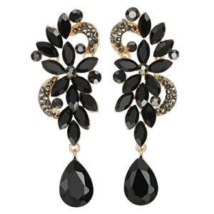 large and long art deco black rhinestone crystal cluster chandelier floral teardrop dangle statement earrings