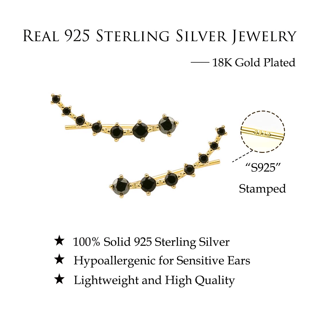 Reffeer 925 Sterling Silver 7 Crystals Cuff Earrings Climber for Women CZ Crawler Earrings Wraps (D-Gold-Black CZ)