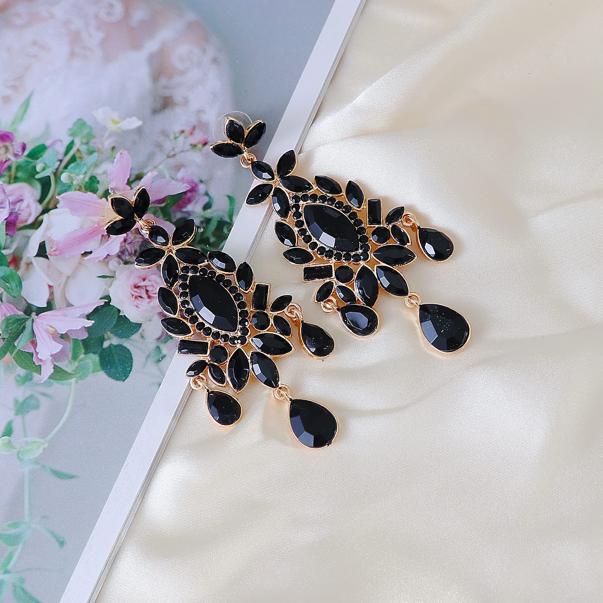 GONGZHU Crystal Statement Earrings for Women Bohemian Rhinestone Earrings Drop Chandelier Earrings Gold Black Tone(52941-GDBK)