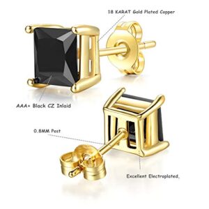 FOSIR Womens Mens 18K Yellow Gold Plated Black Square Clear Cubic Zirconia Stud Earrings(5 Pairs, 3-7mm CZ)