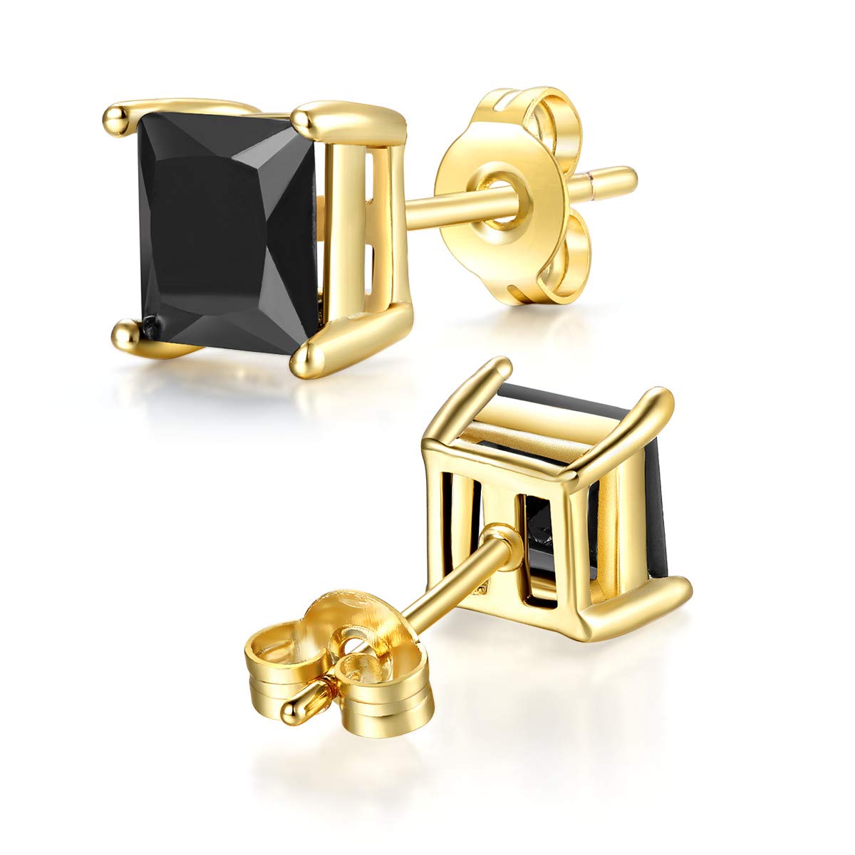 FOSIR Womens Mens 18K Yellow Gold Plated Black Square Clear Cubic Zirconia Stud Earrings(5 Pairs, 3-7mm CZ)