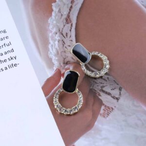 Vintage Onyx Square Stud Earrings Gold Crystal Circle Dangle Earrings Cz Paved Halo Circle Earrings Geometric Black Crystal Square Earrings Jewelry for Women