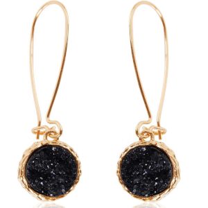 Gold and Black Earrings for Women Dangle - Black and Gold Earrings for Women, Black Dangle Earrings for Women, Gold Tone Black Drop Earrings for Women, Sparkly Simulated Black Druzy Earrings for Women