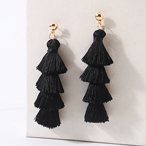 BaubleStar Fashion Gold Tassel Dangle Earrings Layered Long Bonita Tiered Black Thread Tassel Drop Statement Jewelry for Women