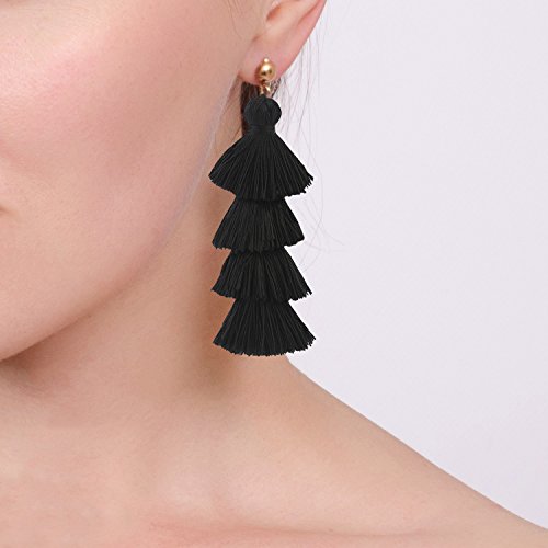 BaubleStar Fashion Gold Tassel Dangle Earrings Layered Long Bonita Tiered Black Thread Tassel Drop Statement Jewelry for Women