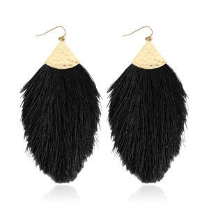 Bohemian Silky Thread Fan Fringe Tassel Statement Earrings - Lightweight Strand Feather Shape Dangles (Feather Fringe - Black)