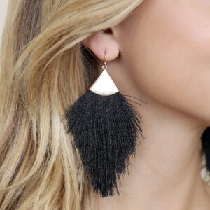 Bohemian Silky Thread Fan Fringe Tassel Statement Earrings - Lightweight Strand Feather Shape Dangles (Feather Fringe - Black)