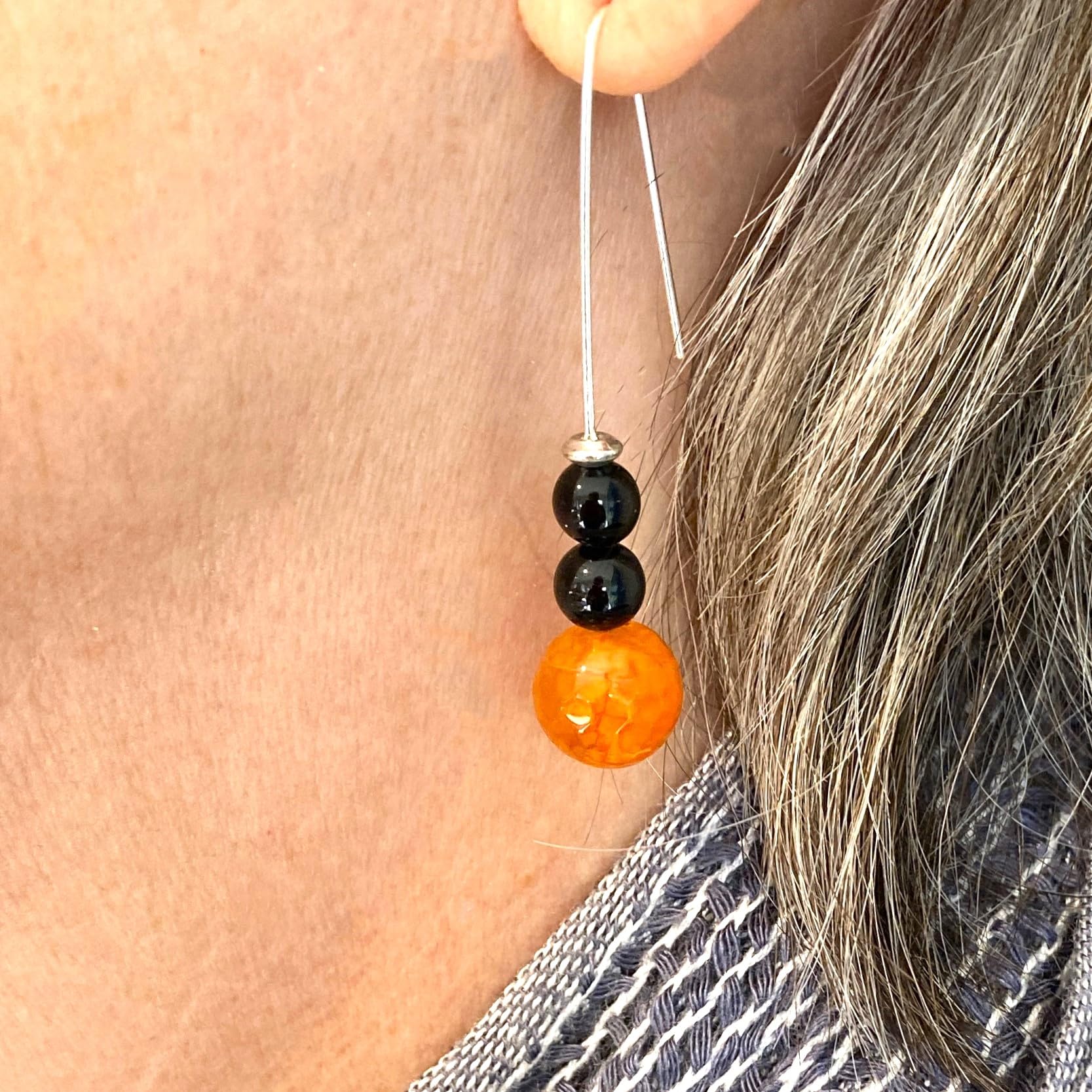 Orange and Black Glass Bead Hoop Earrings