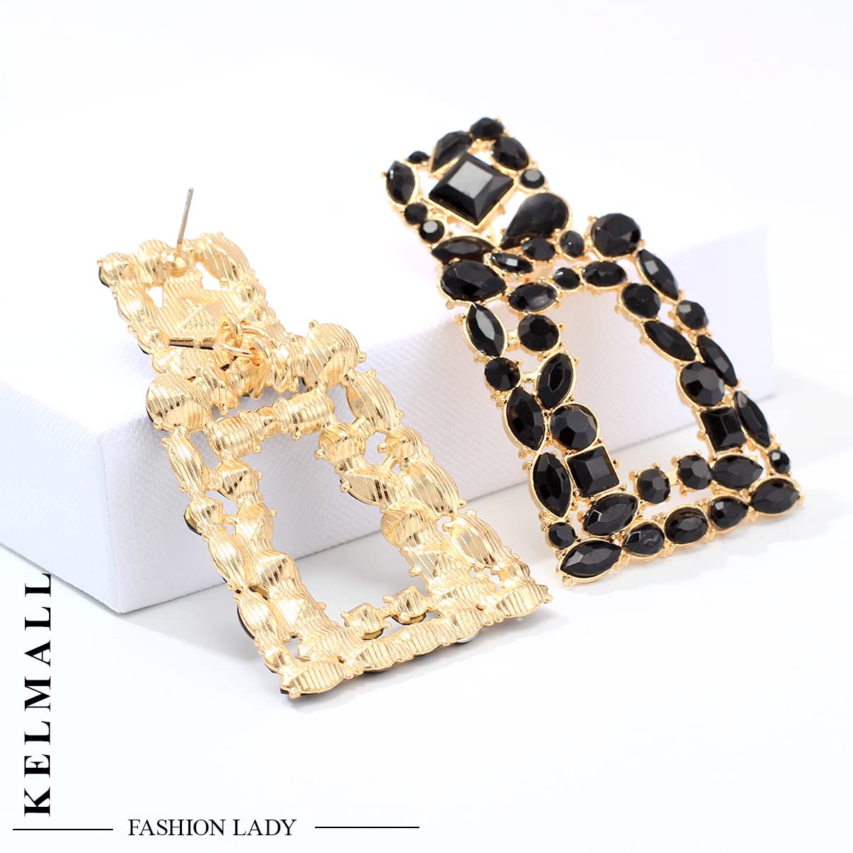 KELMALL Elegant Rhinestone Rectangle Dangle Earrings for Women - Sparkly Crystal Geometric Drop Statement Jewelry