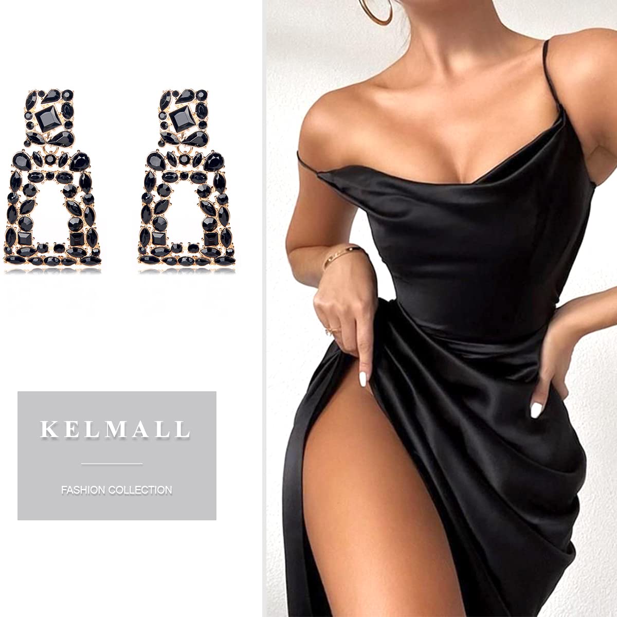 KELMALL Elegant Rhinestone Rectangle Dangle Earrings for Women - Sparkly Crystal Geometric Drop Statement Jewelry