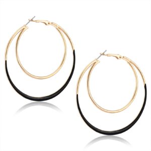 Hoop Earrings for Women Statement Double Circle Earrings Geometric Glazed Layers Oval Drop Dangle Earrings (Black)