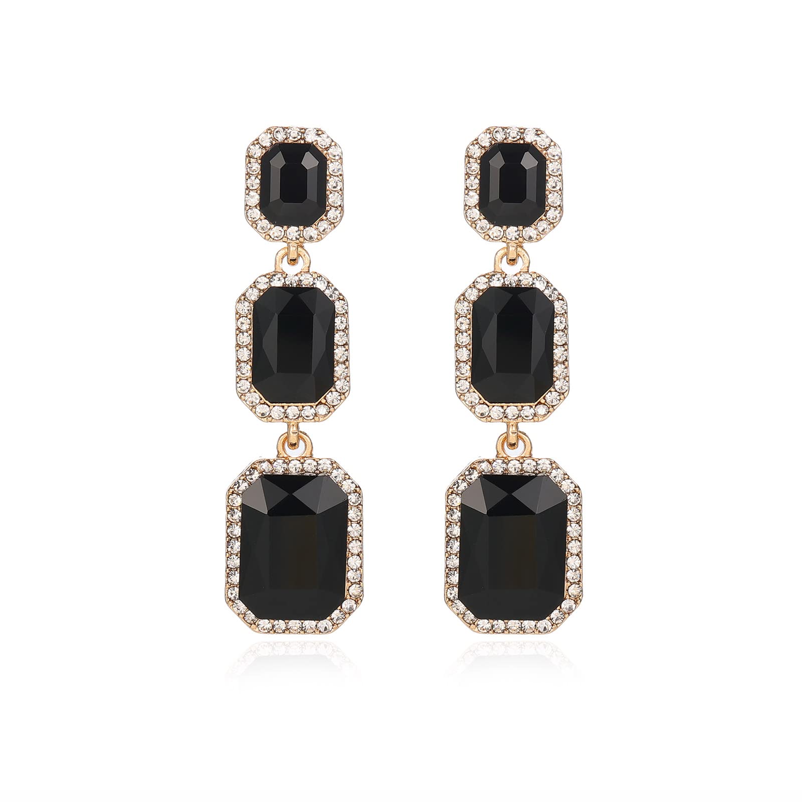 Met-edianger Black Rhinestone Dangle Earrings Statement Crystal Drop Earrings Formal Prom Rectangle Dangling Earrings for Women