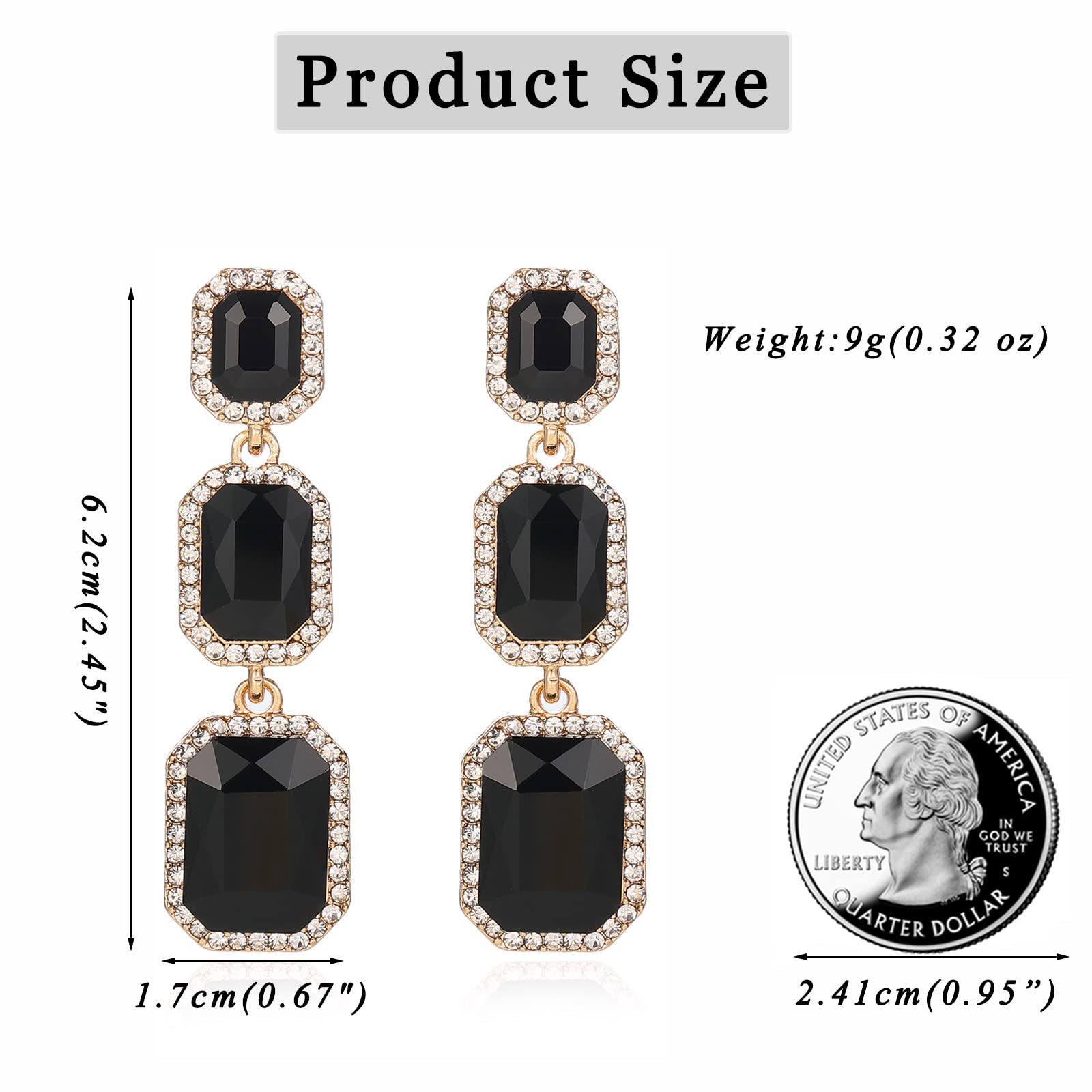 Met-edianger Black Rhinestone Dangle Earrings Statement Crystal Drop Earrings Formal Prom Rectangle Dangling Earrings for Women