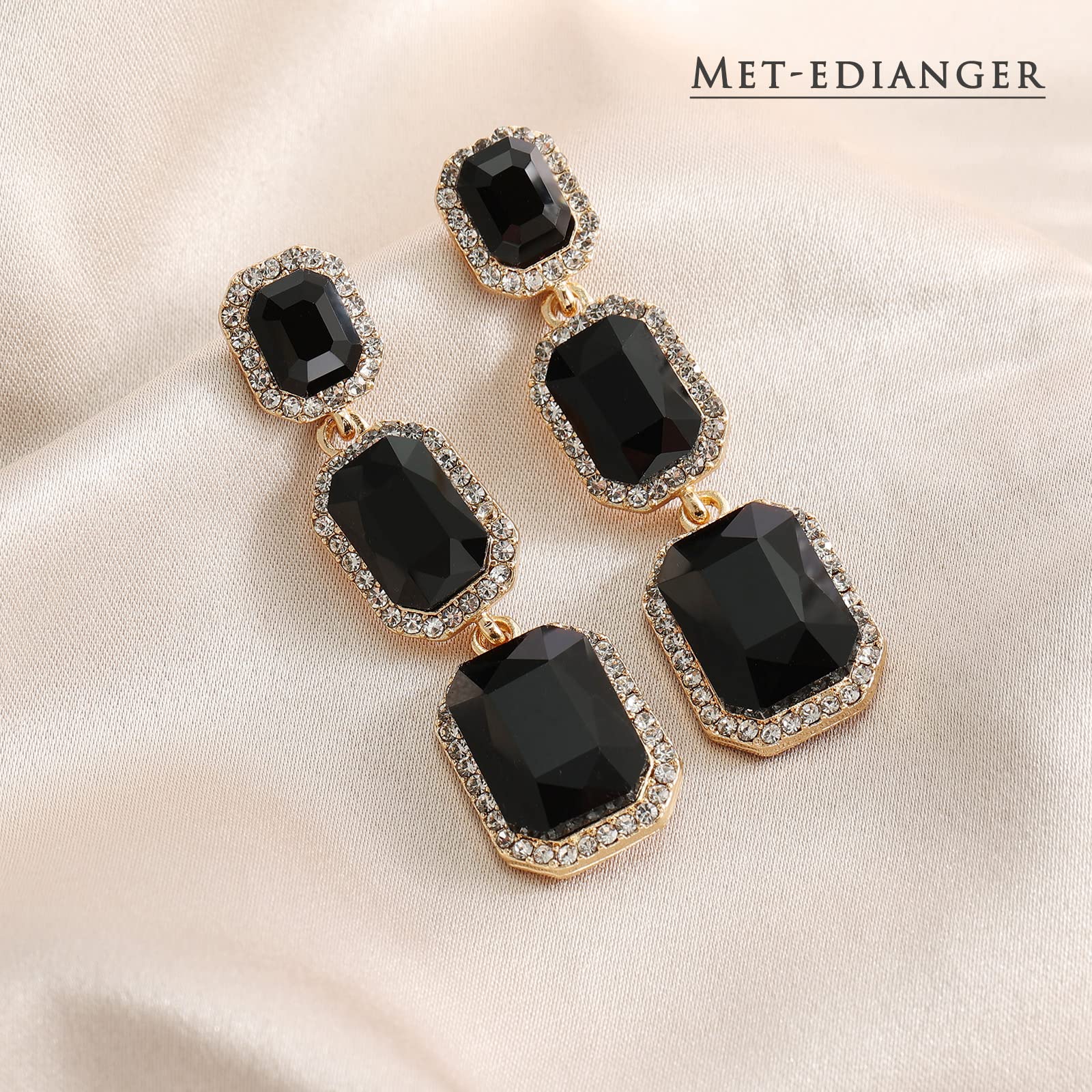 Met-edianger Black Rhinestone Dangle Earrings Statement Crystal Drop Earrings Formal Prom Rectangle Dangling Earrings for Women