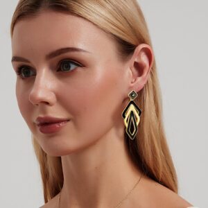 Black Gold Dangle Earrings for Women, 14K Gold Plated Drop Fashion Statement Jewelry Lightweight Dangle Earrings