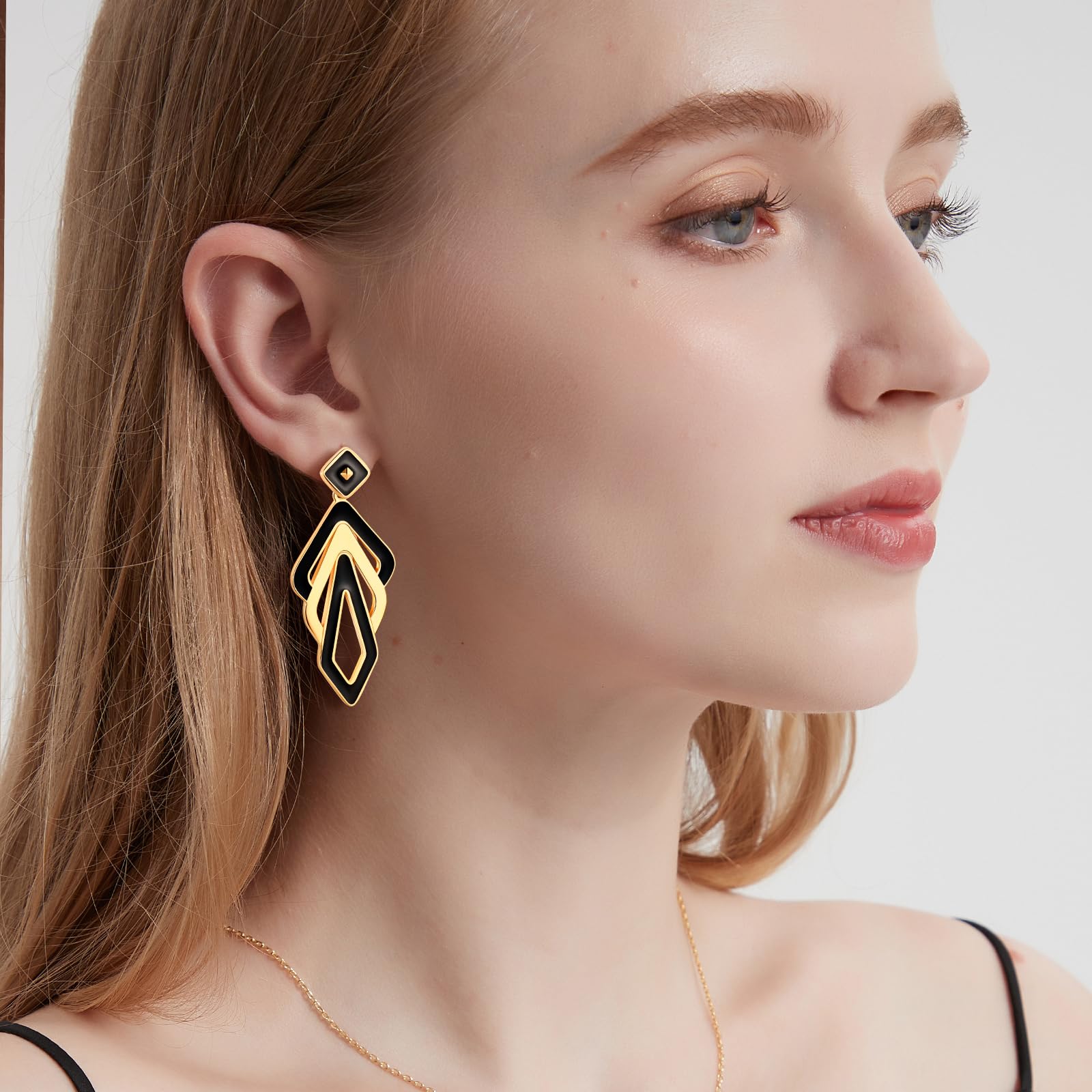 Black Gold Dangle Earrings for Women, 14K Gold Plated Drop Fashion Statement Jewelry Lightweight Dangle Earrings