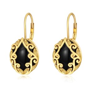 black earrings sterling silver onyx oval leverback earrings 18k yellow gold plated filigree boho dangle earrings jewelry christmas gifts for women (black onyx earrings)