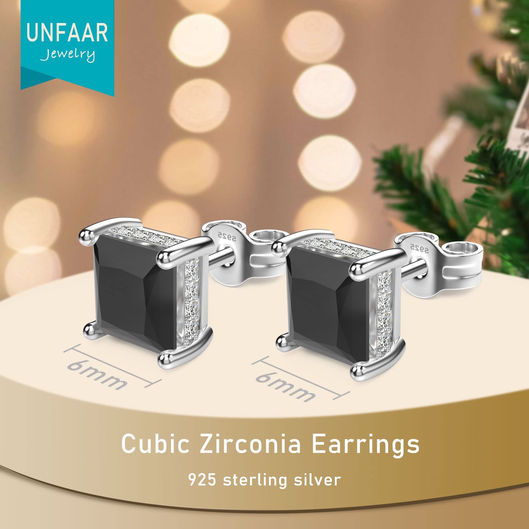 UNFAAR 18K White Gold Plated Sterling Silver Princess Cut Cubic Zirconia Stud Earrings Square CZ Diamond Stud Earrings for Women Men Hypoallergenic (6MM, Black)