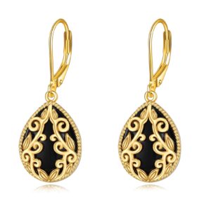 Sterling Silver Black Onyx Earrings18K Gold Plated Filigree Teardrop Leverback Dangle Earrings Boho Drop Earrings Jewelry Christmas Gifts for Women