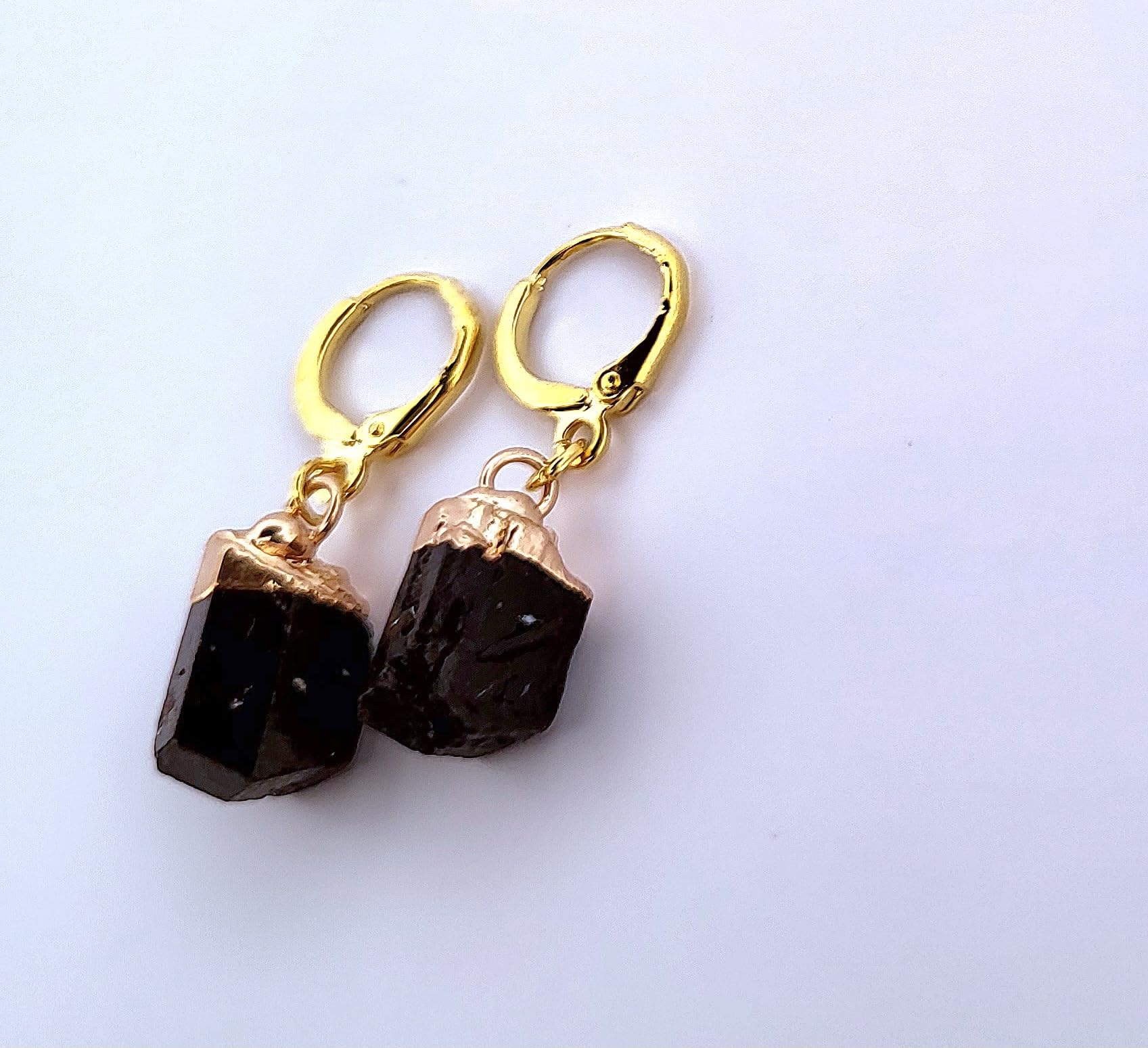 Natural Black Tourmaline Gold Dangle Earrings NBTGDE2