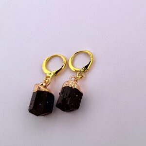 Natural Black Tourmaline Gold Dangle Earrings NBTGDE2