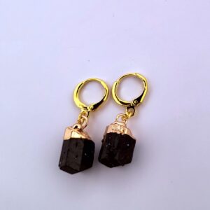 Natural Black Tourmaline Gold Dangle Earrings NBTGDE2