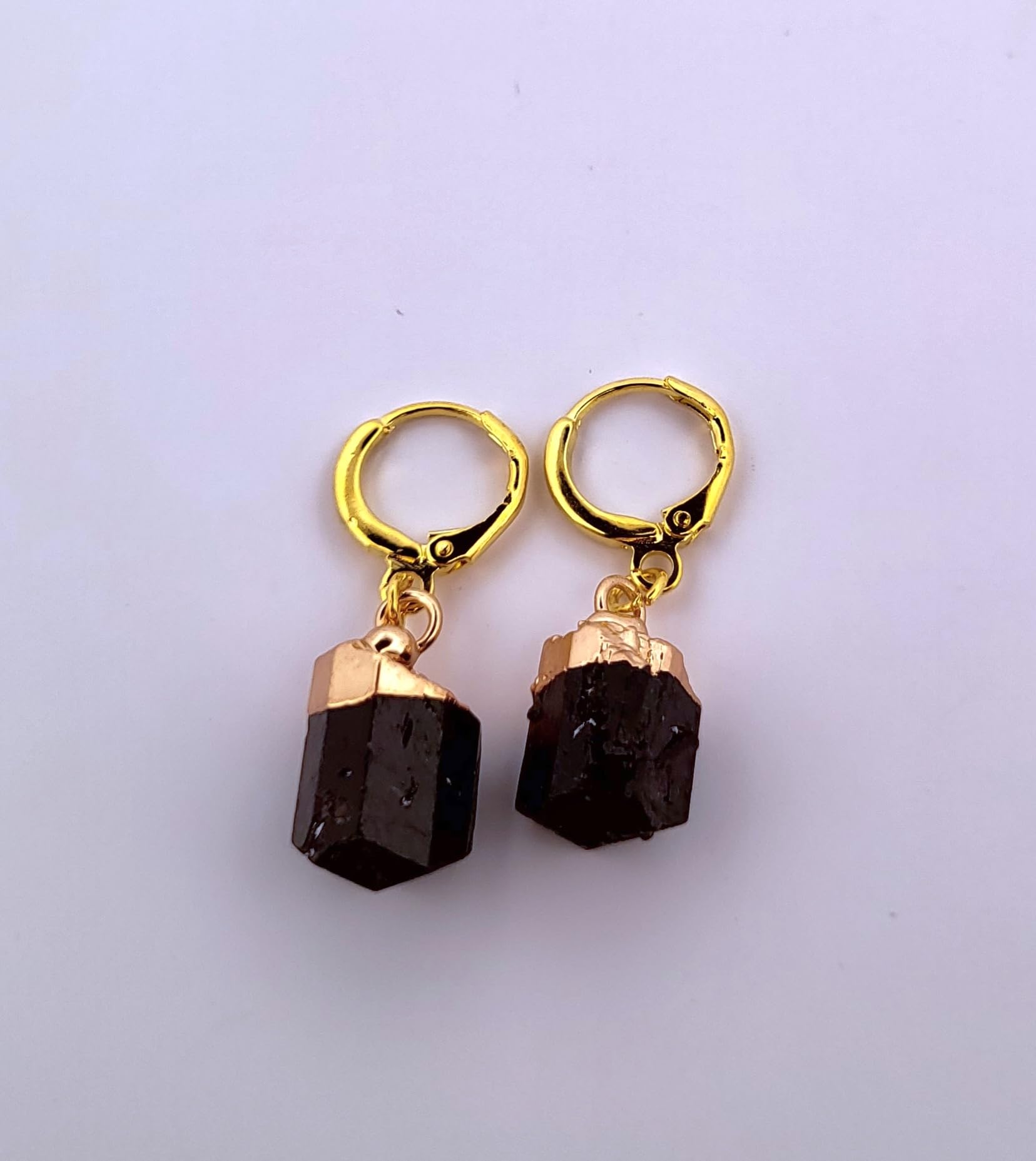 Natural Black Tourmaline Gold Dangle Earrings NBTGDE2