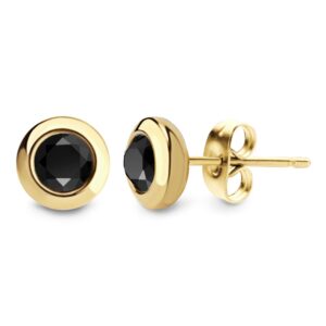 555Jewelry Womens Stainless Steel Round Solitaire Bezel Sparkly Brilliant Cute Assorted Multiple Colors Jewelry Fashion Accessory Stud Earring Set Pair, Gold & Black Cubic Zirconia