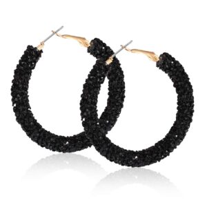 NLCAC Glitter Hoop Earrings Bohemian Sparkle Resin Rhinestone Wrapped Hoop Dangle Earrings for Women Black