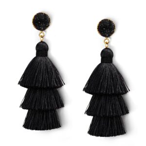 Me&Hz Black Tassel Earrings for Women Dangling Layered Fringe Long Tassel Dangle Black Earrings for Women Girls Bohemian Boho Statement Vintage Big Black and Gold Earrings Jewelry