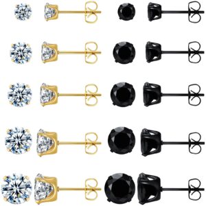 KANOUE 10 Pairs Black and Gold Stud Earrings Set, Hypoallergenic Earrings for Women Studs Set, Stainless Steel Earrings, Cubic Zirconia Earrings Studs for Women