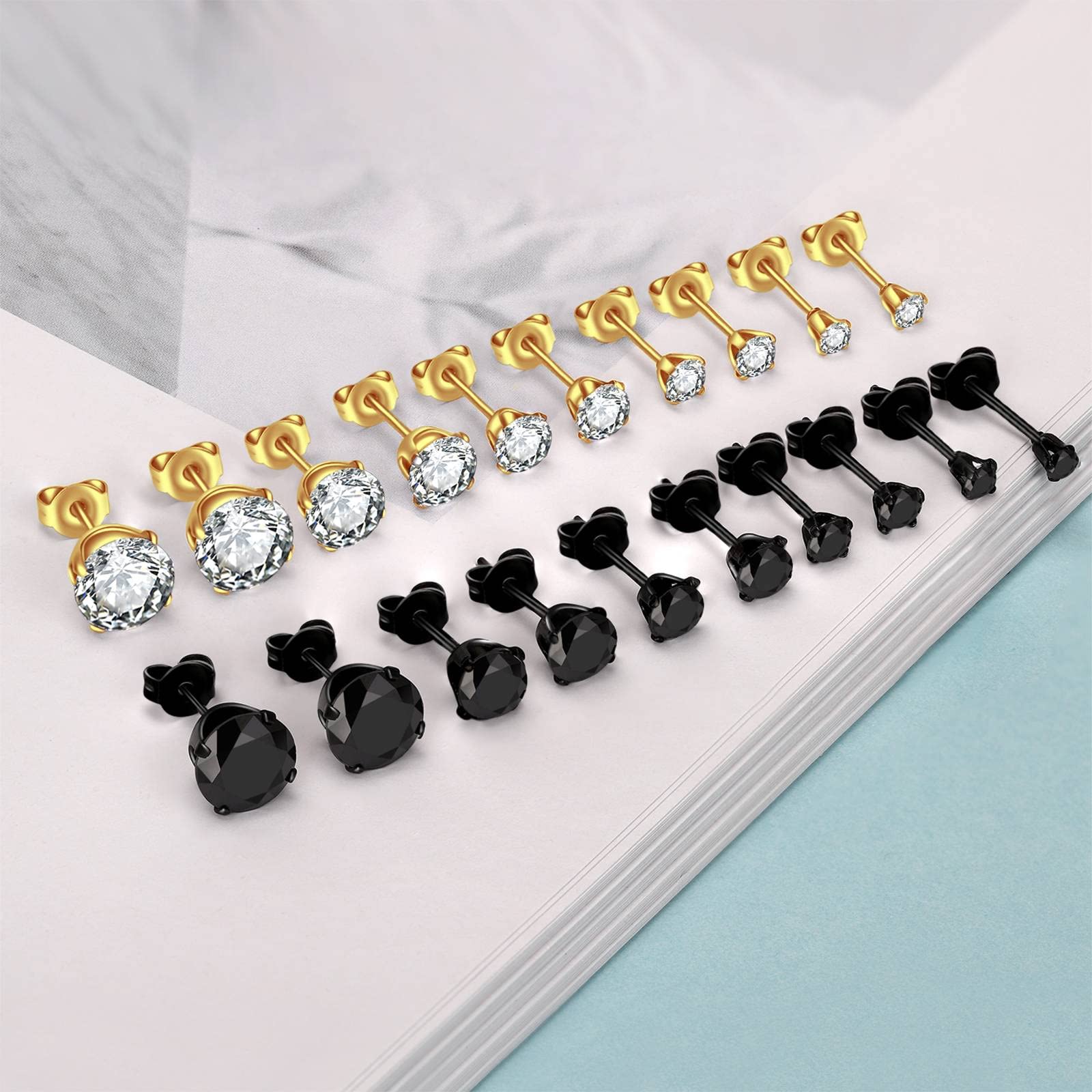 KANOUE 10 Pairs Black and Gold Stud Earrings Set, Hypoallergenic Earrings for Women Studs Set, Stainless Steel Earrings, Cubic Zirconia Earrings Studs for Women