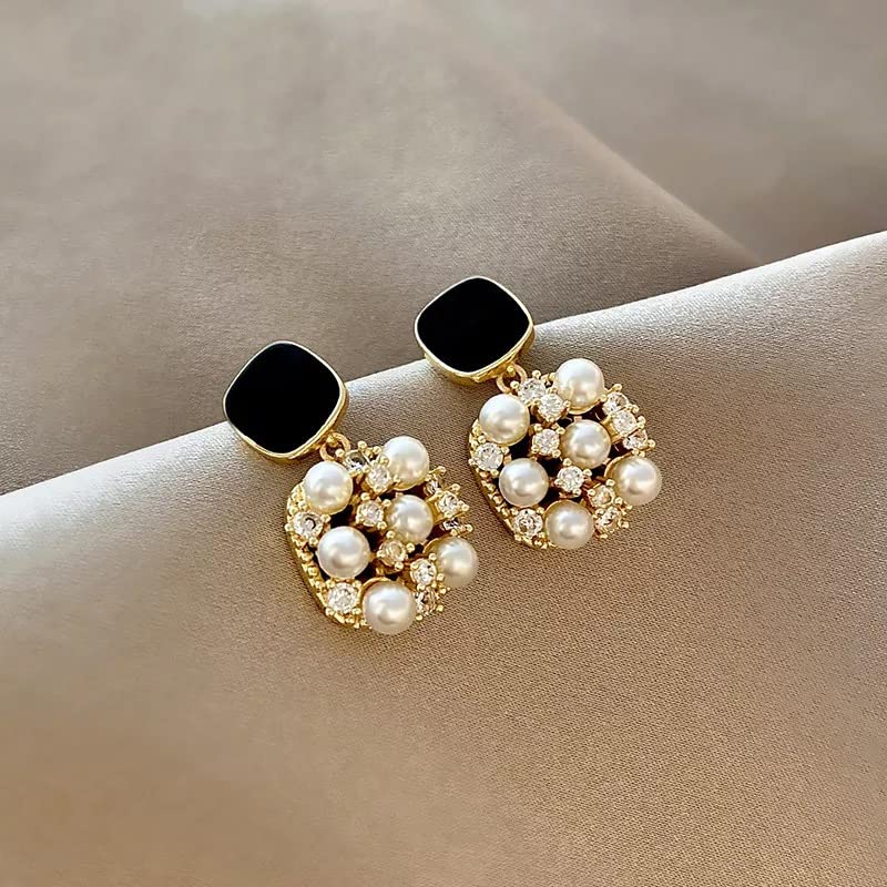 AYNN 18k Gold Plated Black Square Cubic Zircon Pearl Drop Dangle Earring Jewelry Hypoallergenic