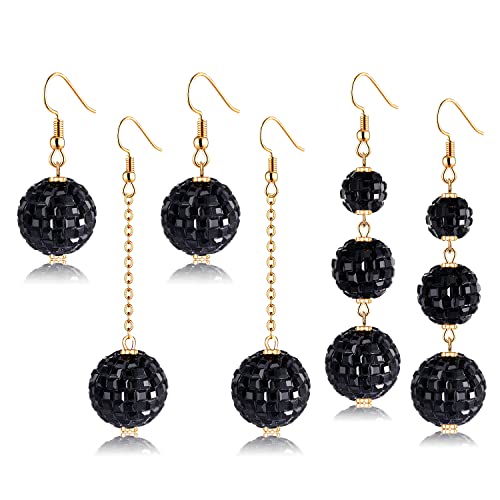 YAHPERN 3Pairs Disco Ball Earrings for Women, 60s 70s Outfits Costume Accessory, Statement Dance Party Mirror Ball Dangle Earrings Halloween Holiday Gifts (Black)