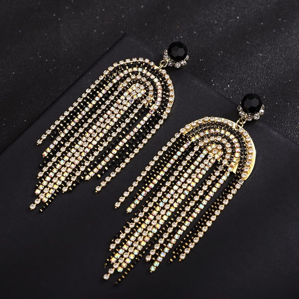 Kercisbeauty Black Rhinestones Beads Gold Chandelier Earrings Fringe Dangle Drop Jewelry for Women Girls Vintage Wedding Bridal Jewelry (Black 1)