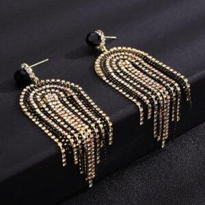 Kercisbeauty Black Rhinestones Beads Gold Chandelier Earrings Fringe Dangle Drop Jewelry for Women Girls Vintage Wedding Bridal Jewelry (Black 1)