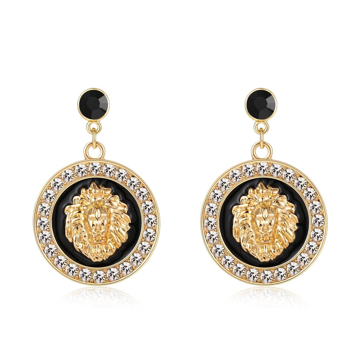 Aononu Hip Hop Gold Lion Head Stud Earrings Sparkly Crystal Colored Enamel Disco Party Cocktail Costume Jewelry (Black) (AO00010-11)